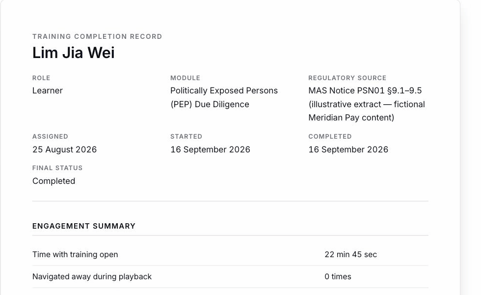 A learner's training completion record in the platform: role, module, regulatory source, assigned, started and completed dates, and the engagement summary.