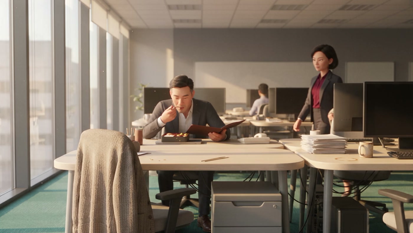 The first frame of the Politically Exposed Persons module film: the Meridian Pay office.