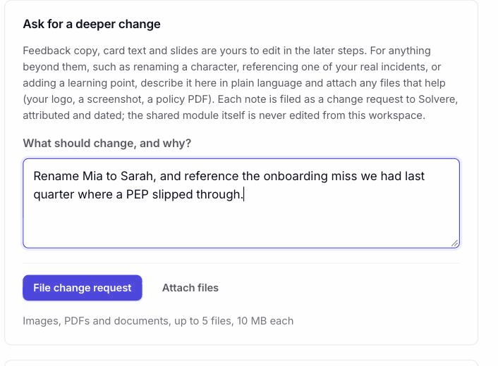 The authoring workspace prompt layer: a plain-language change request, filed as a change request with optional file attachments.